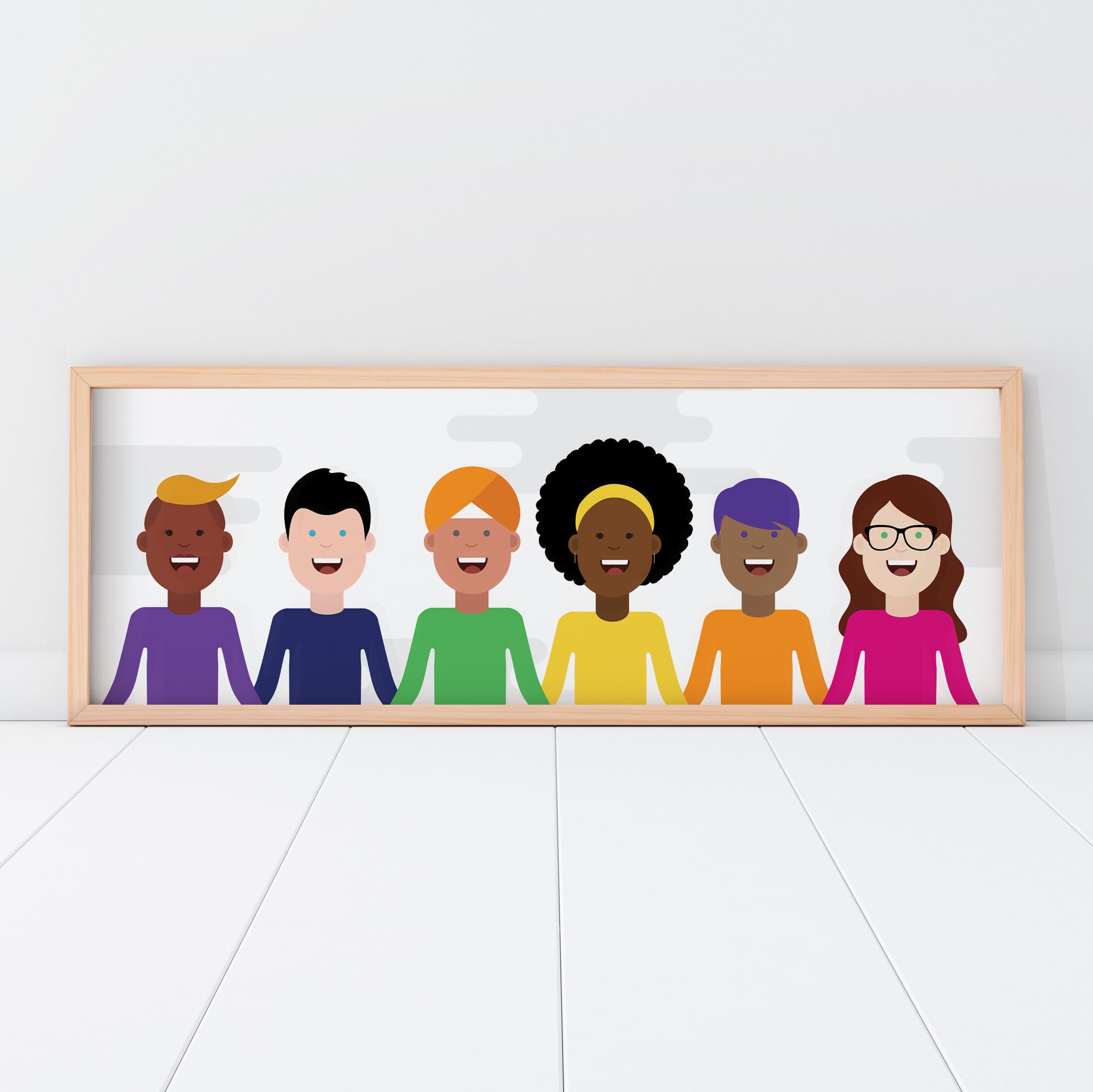 Equality large print — six diverse characters holding hands in rainbow colors, framed
