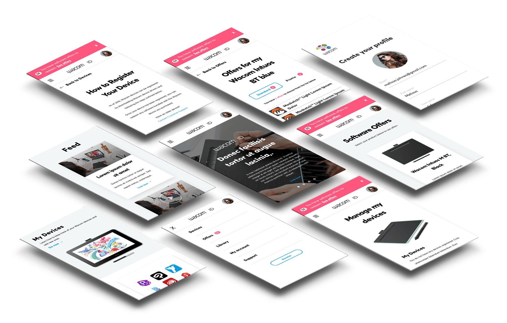 Full Wacom ID platform — perspective mockup showing all redesigned screens including registration, offers, feed, devices, and software