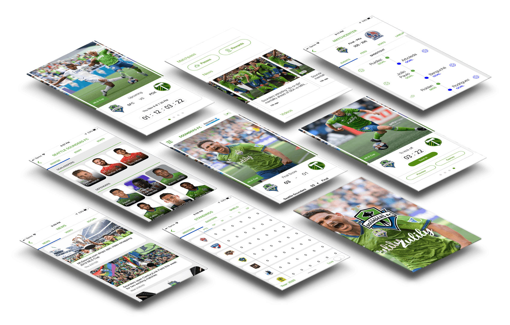 Seattle Sounders FC app — perspective mockup showing redesigned screens