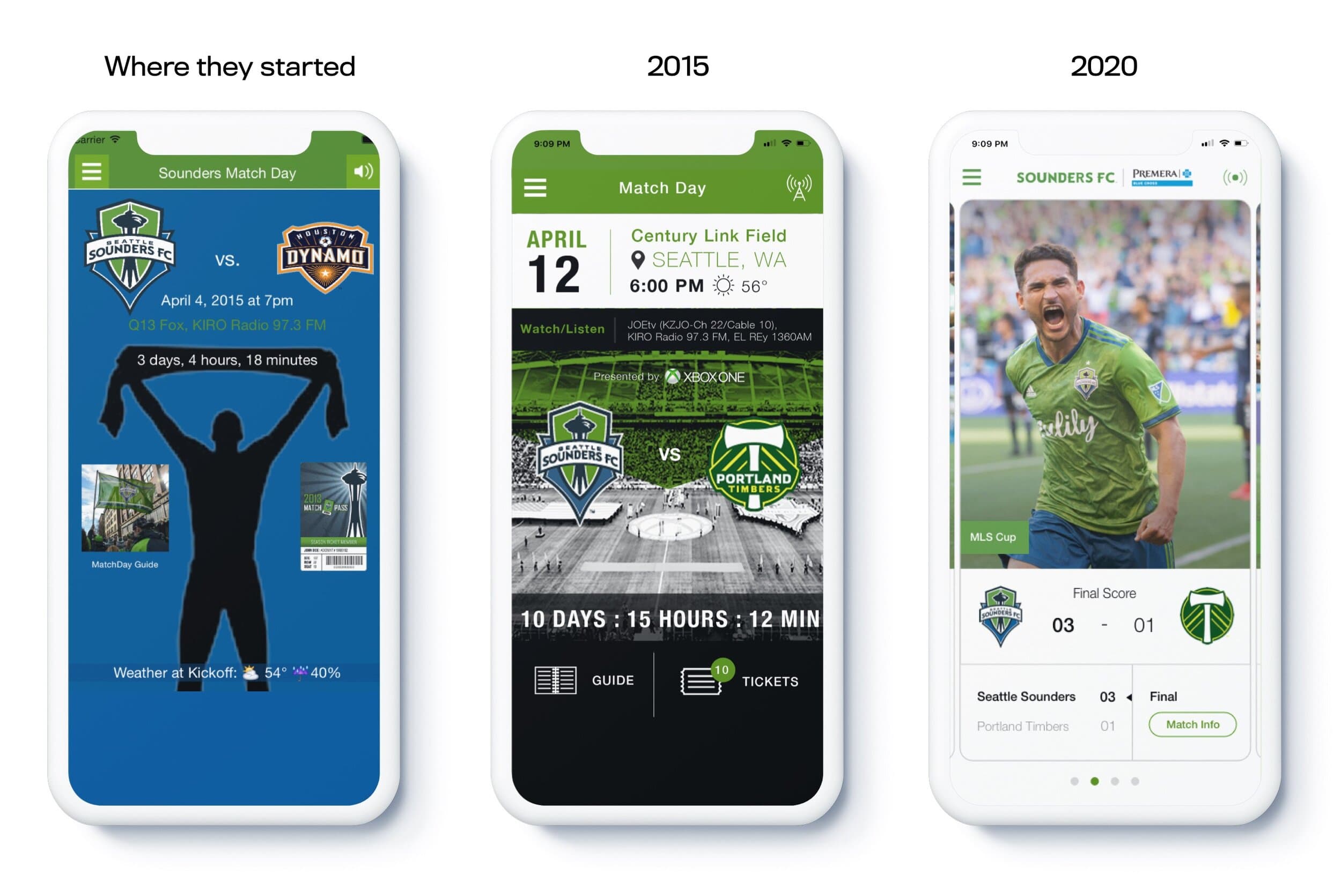 Seattle Sounders FC app — design iteration showing original, 2015, and 2020 versions