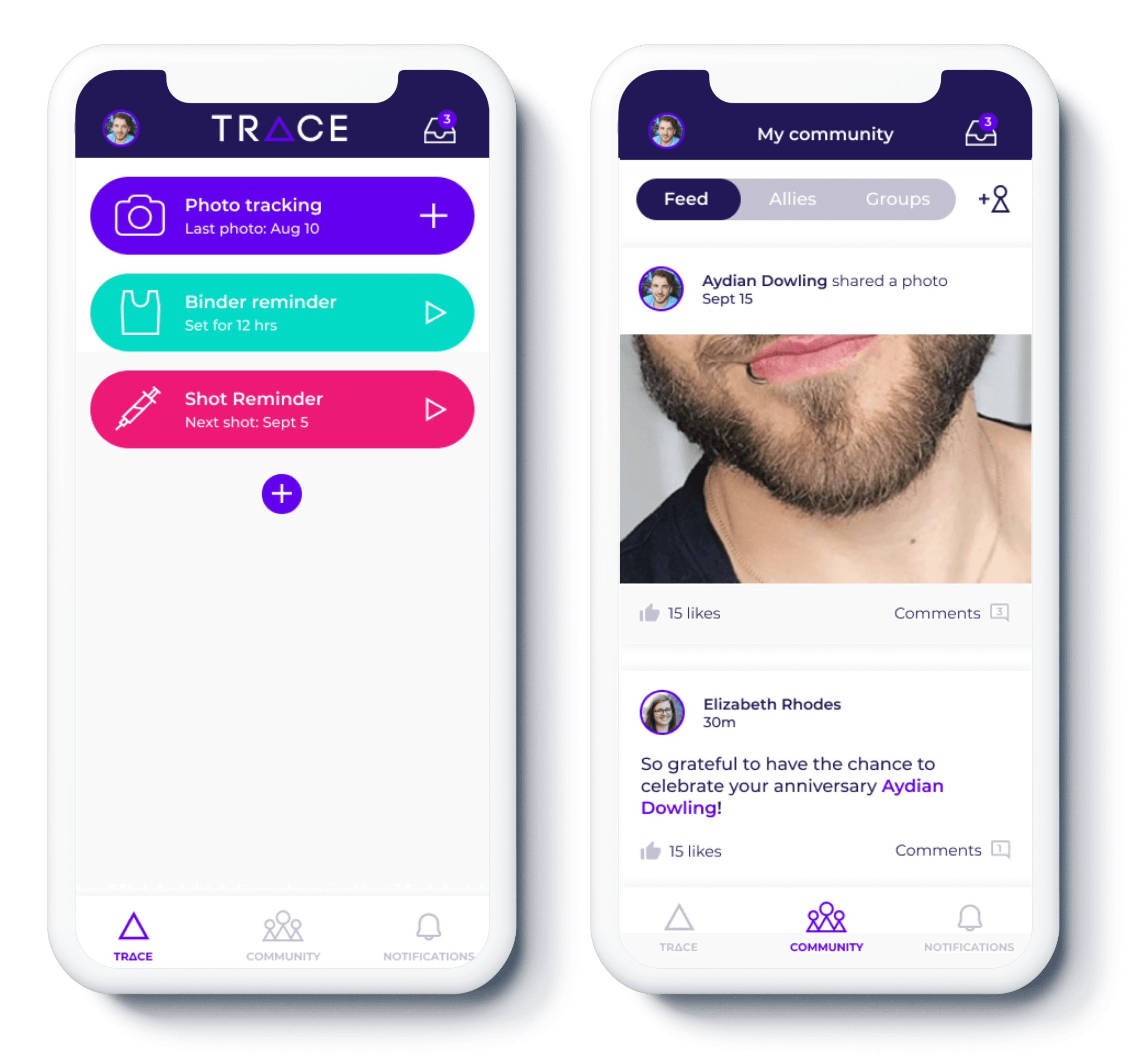 TRACE app — home screen with action buttons and community feed