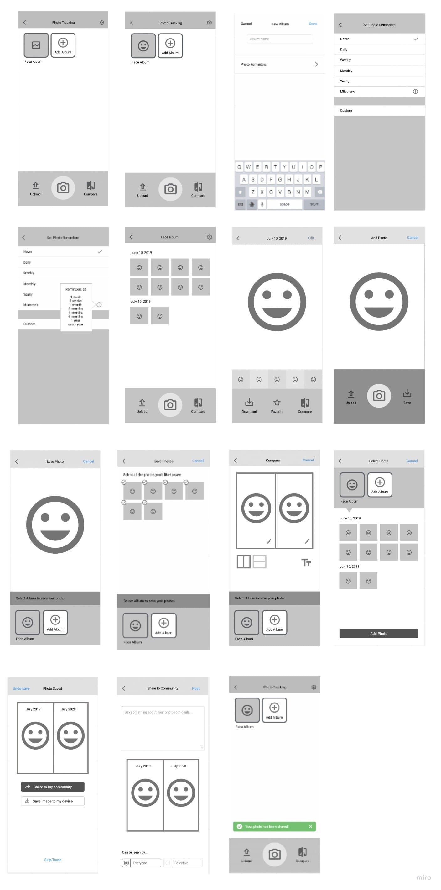 Detailed low-fidelity wireframes and UI layout variations