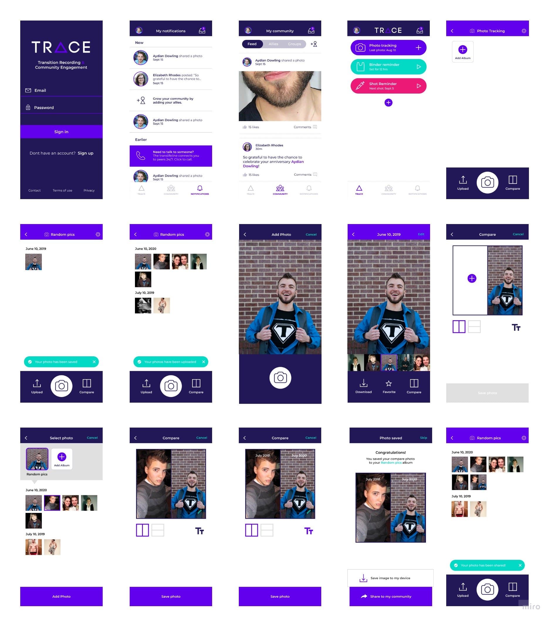 TRACE app high-fidelity screens — full product UI across multiple flows