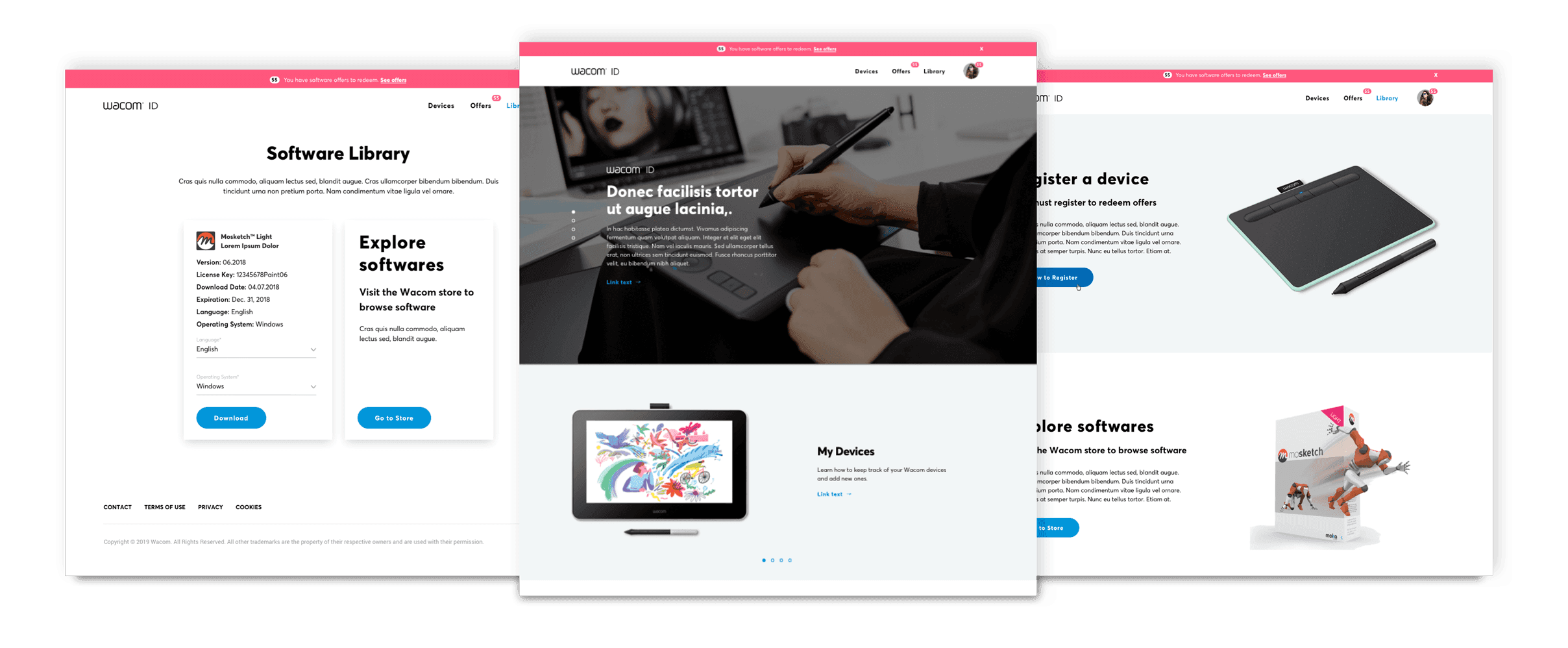 Wacom ID web platform — Software Library, My Devices, and Explore Softwares screens