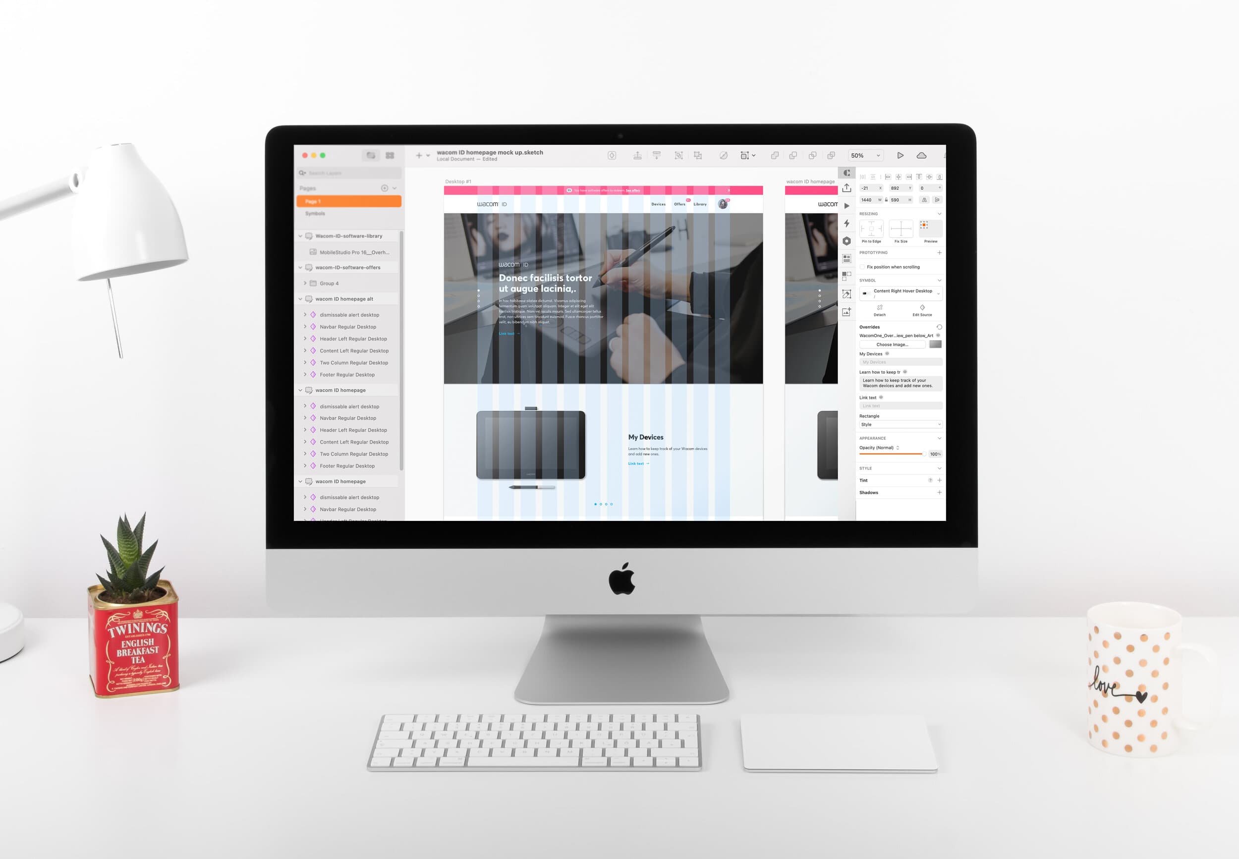 Wacom ID high-fidelity design in Sketch — desktop homepage mockup open on iMac