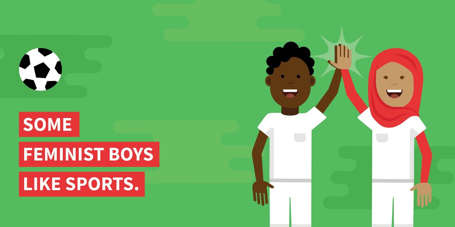 Some feminist boys like sports — book spread with boy and girl giving high-five on soccer field