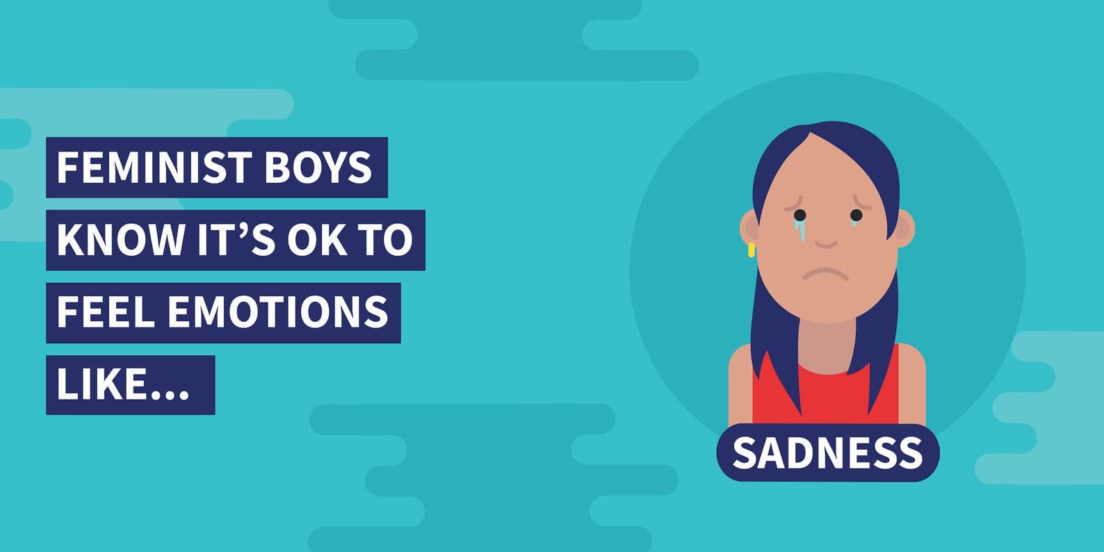 Feminist boys know it's ok to feel emotions — book spread showing sadness character