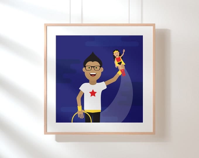 Superheroes print — boy holding superhero figure above his head, framed square print