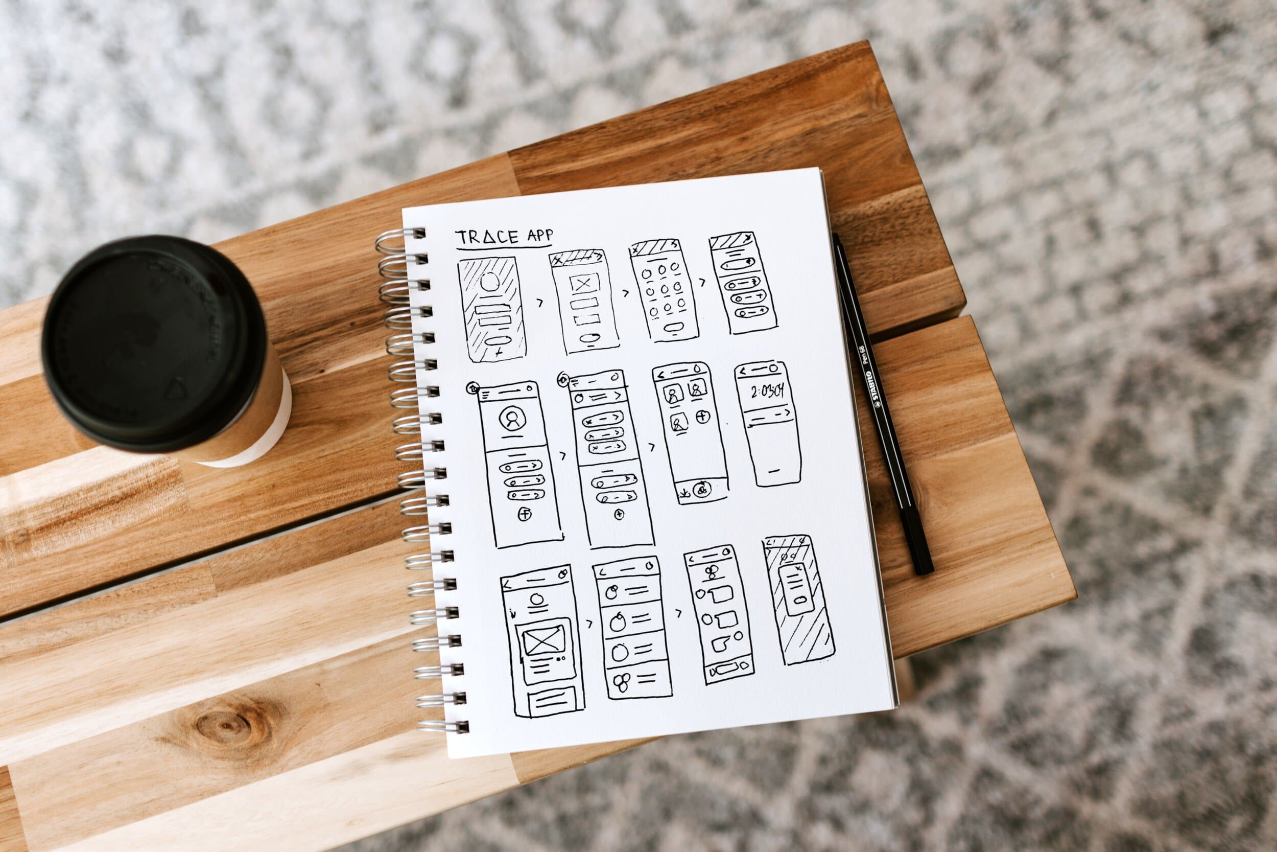 Hand-drawn UX sketches and wireframes for TRACE