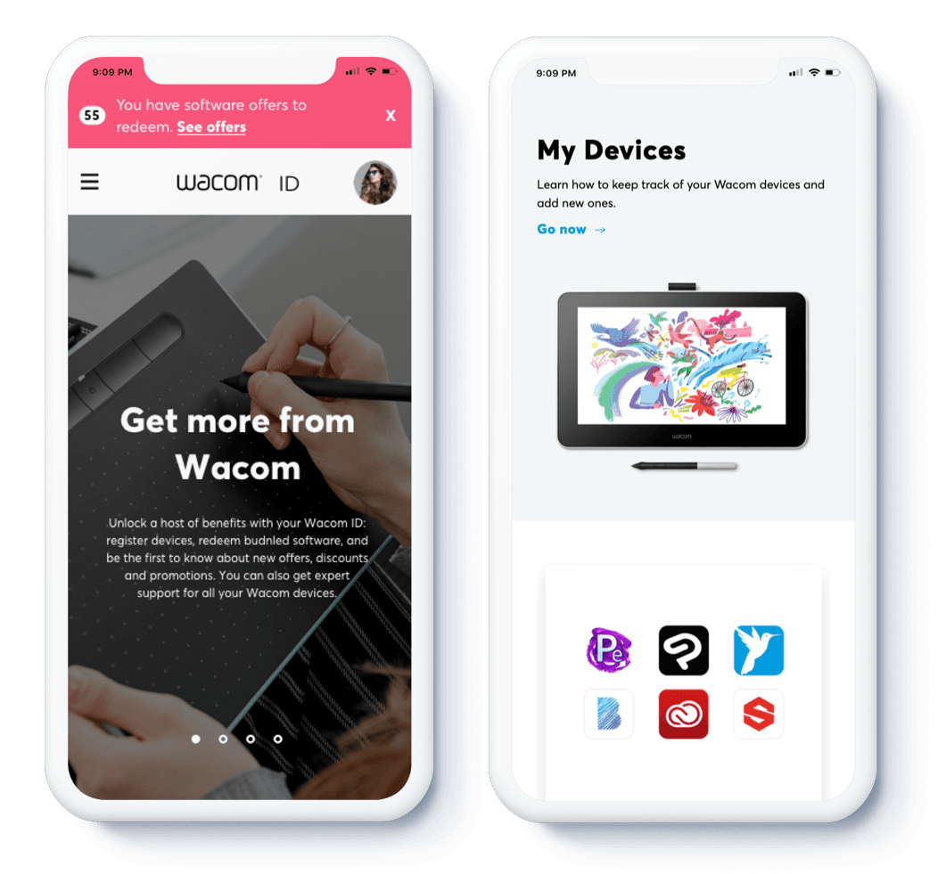 Wacom ID mobile app — Get more from Wacom onboarding screen and My Devices screen